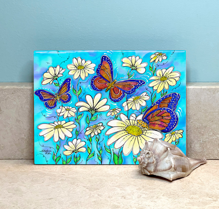 Butterflies on Daisies Ceramic Tile