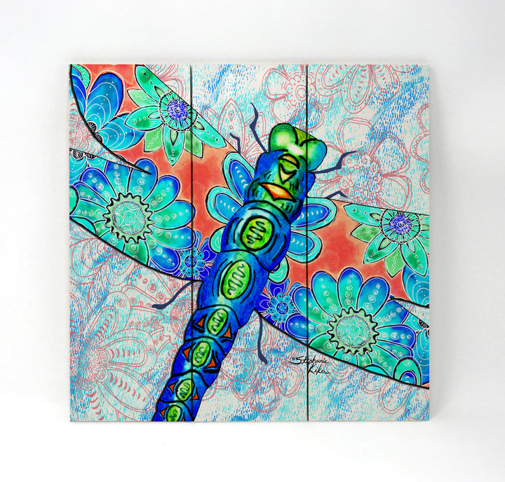 Dragonfly Flowers Wall Art - Wood Triptych