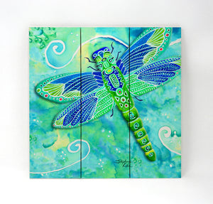 Green Dragonfly Wall Art - Wood Triptych